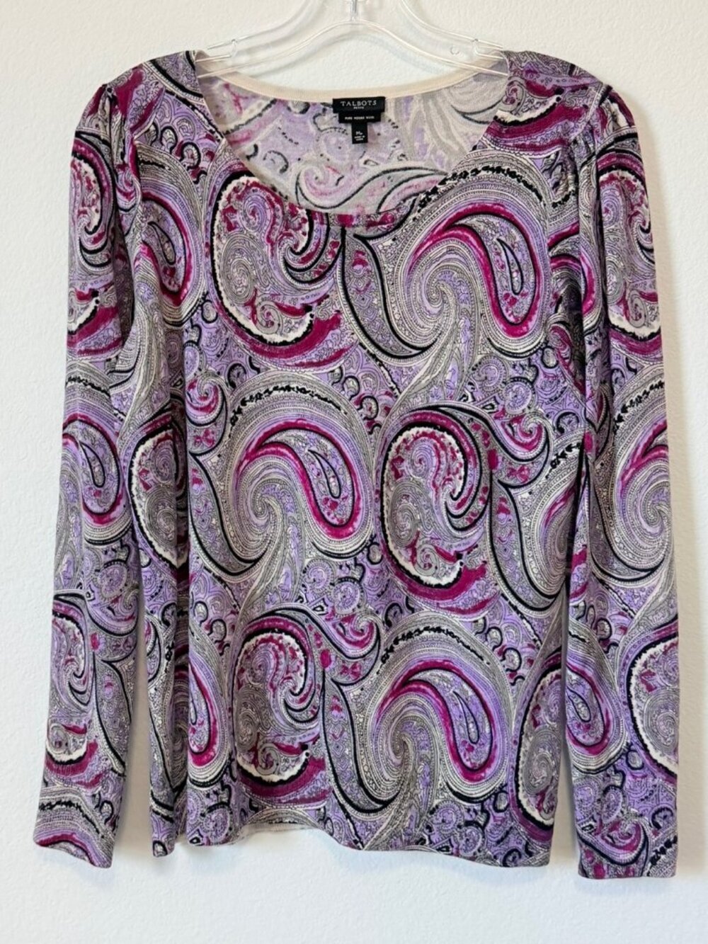 Talbots 100% Merino Wool Long Sleeve Round Neck Paisley Sweater Size M Petite